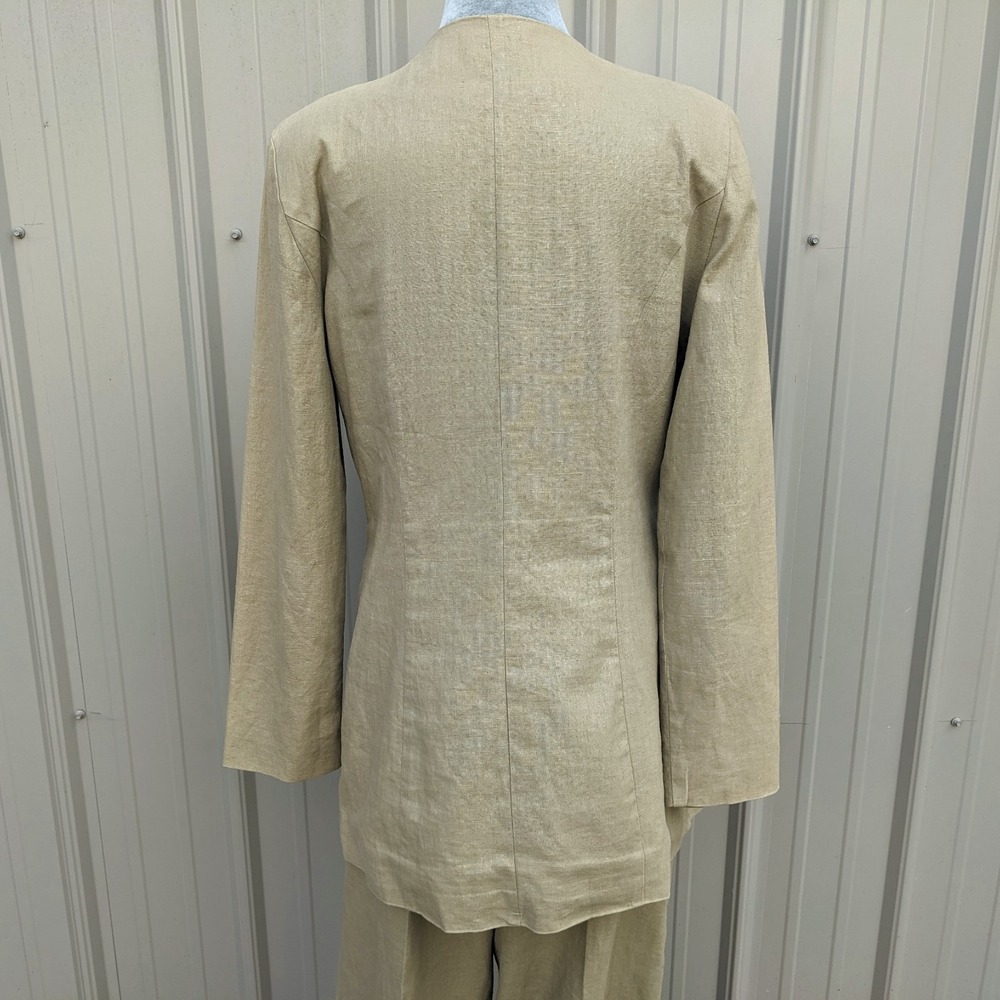 Vintage 90s Linen 2-Pc Pant Suit Set Sz 12 Khaki Wide Leg Shawl Collar Blazer - Picture 14 of 16